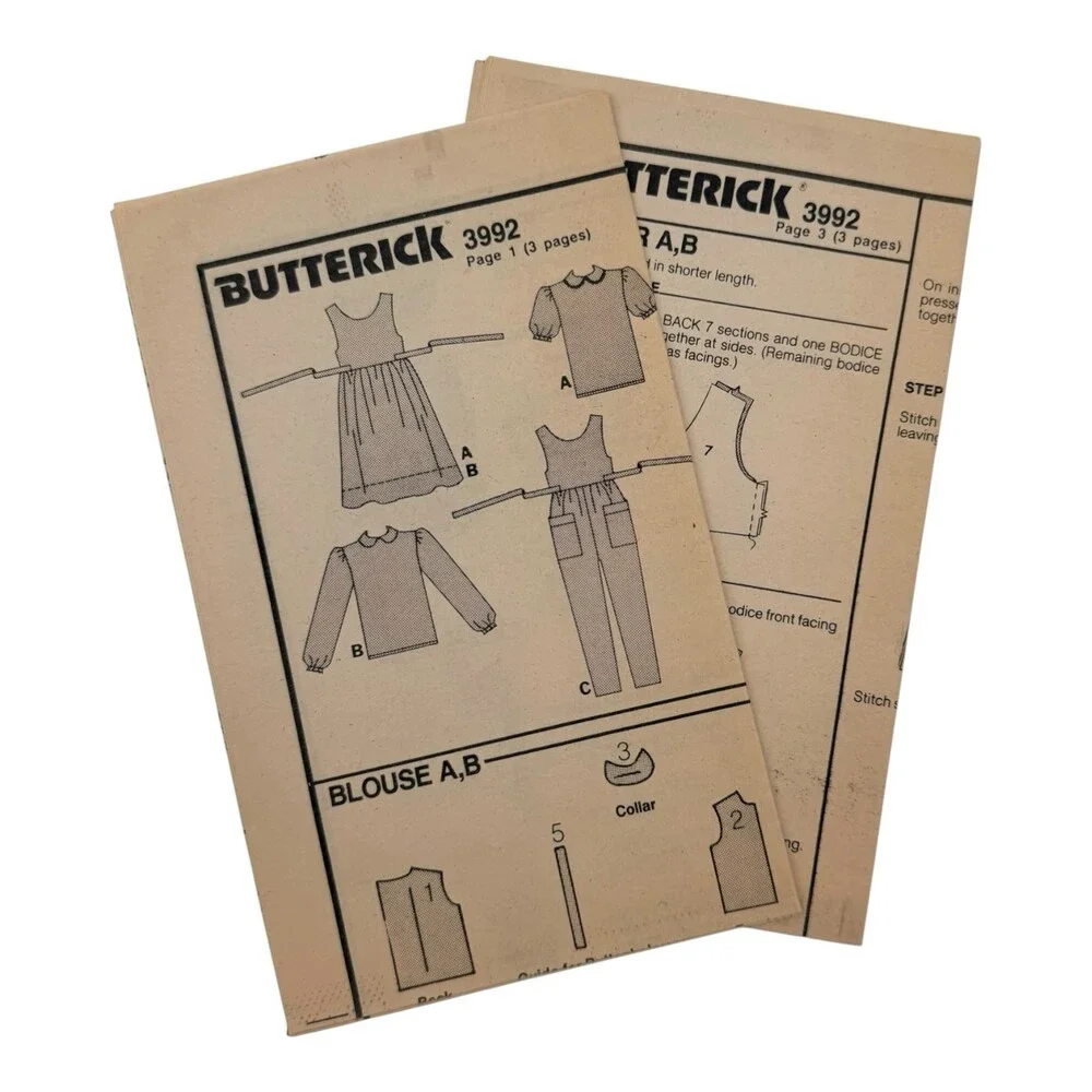VTG 1986 Butterick Sewing Pattern Childs Jumper Jumpsuit & Blouse Sz 2-3-4 #3992